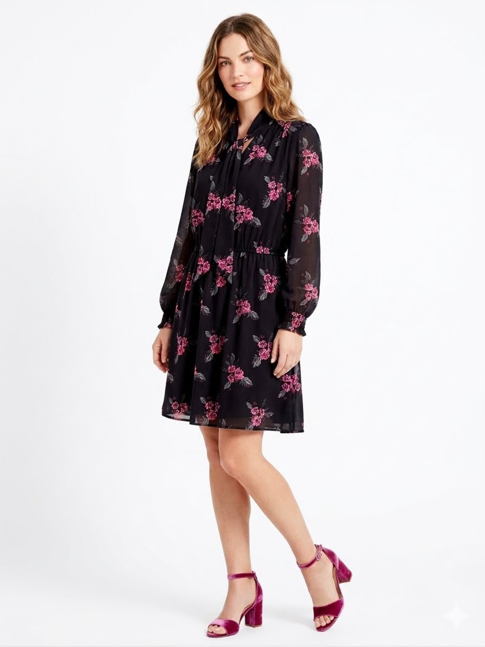 Ann Taylor LOFT Side XL Black + Pink Floral Long Sleeve Tie Neck Dress